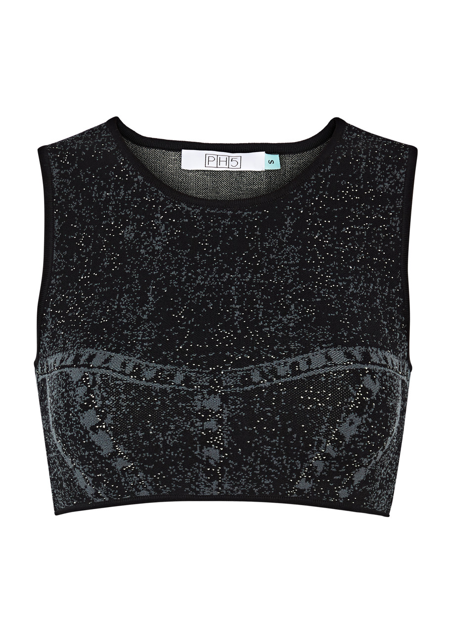 Shop Ph5 Lillian Jacquard Cropped Stretch-knit Top In Dark Green