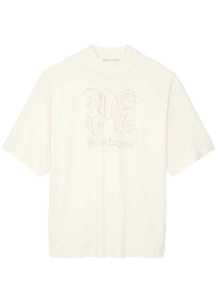Palm Angels Logo-embroidered Cotton T-shirt In Off White