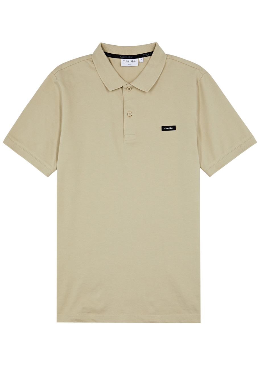 Calvin Klein Logo Piqué Stretch-cotton Polo Shirt In Beige