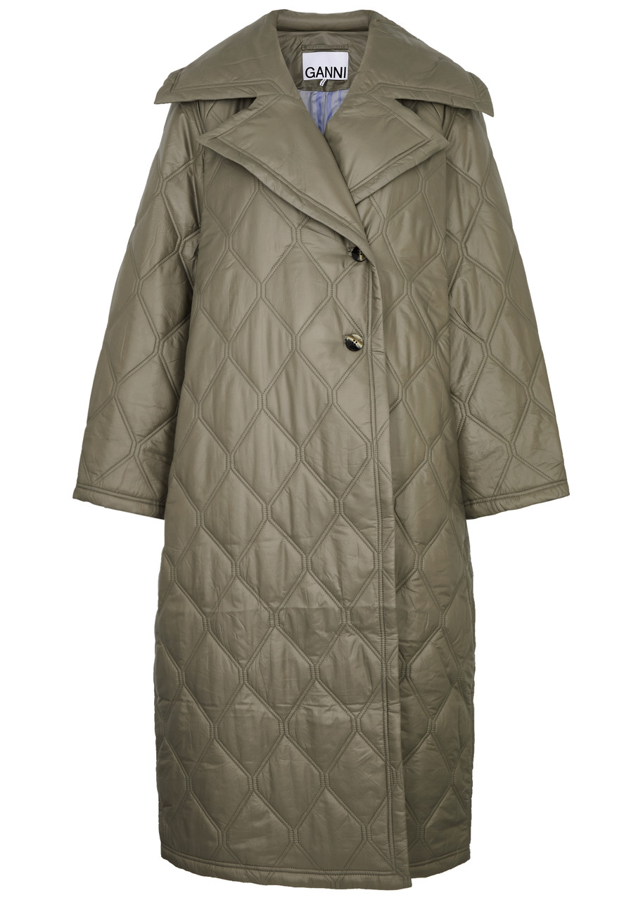 Shop Ganni Quilted Shell Coat In Beige