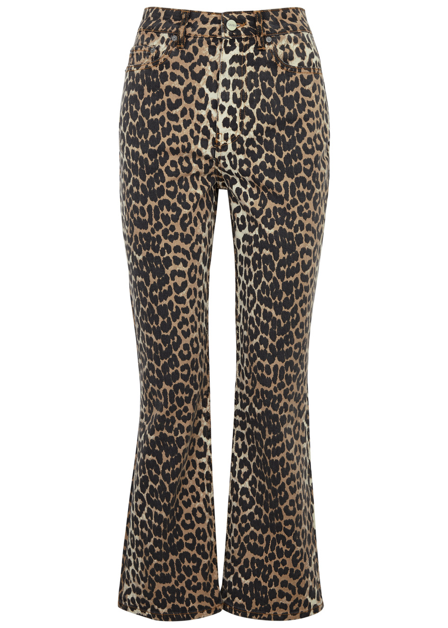 Ganni Print Denim Betzy Cropped Jeans Leopard In Leopard
