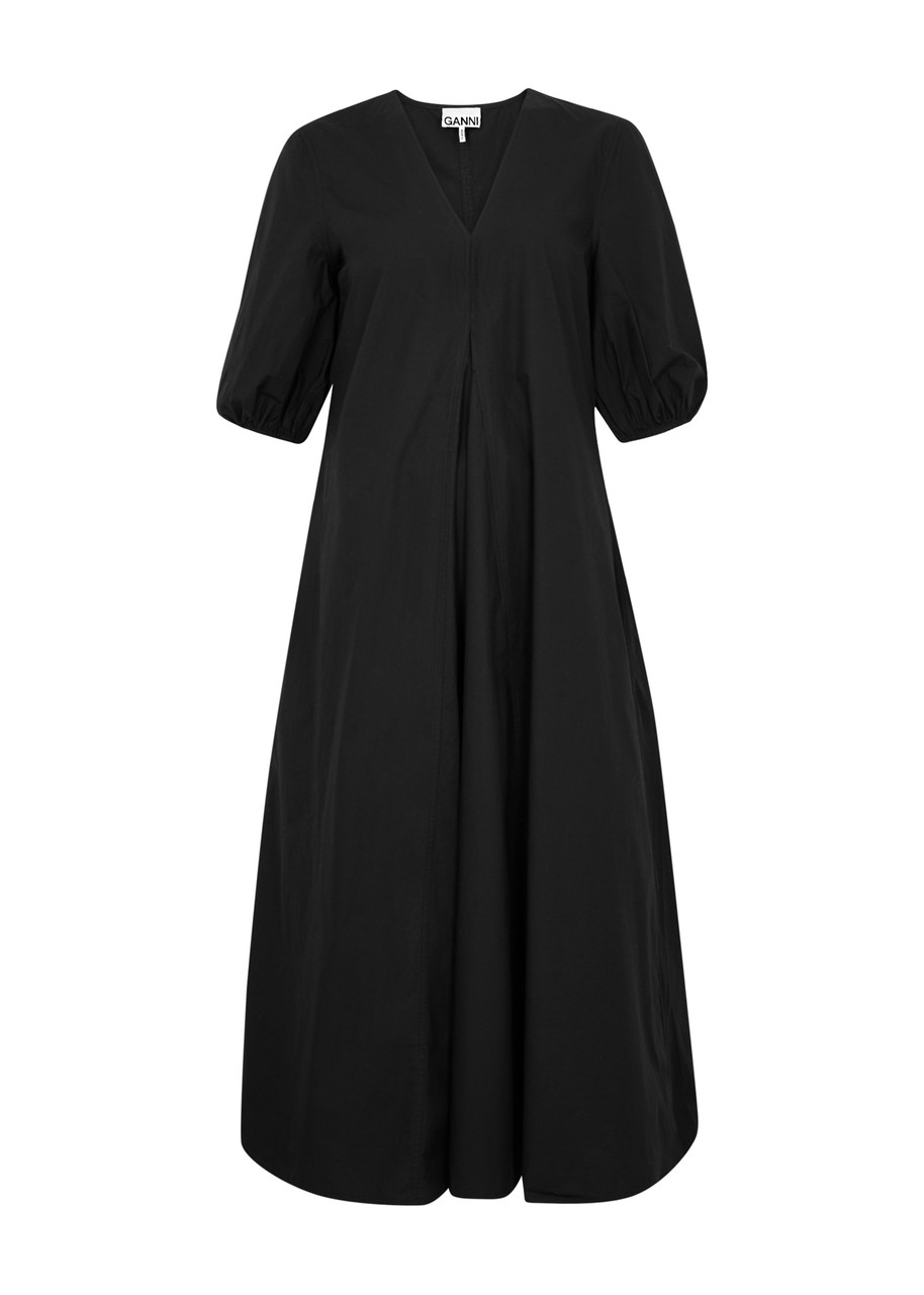 Shop Ganni Cotton-poplin Midi Dress In Black