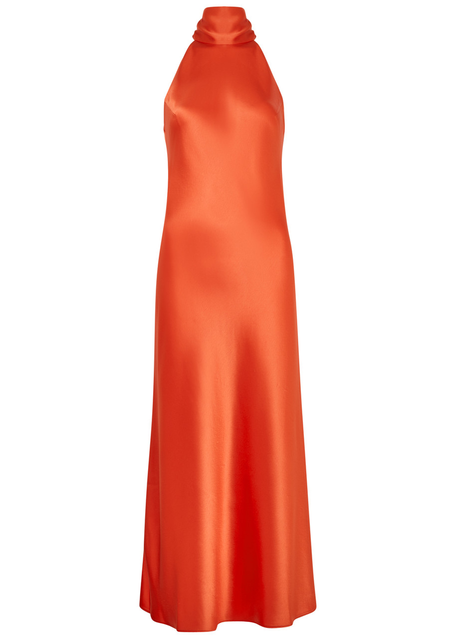 Galvan London Womens Coral Sienna Halterneck Satin Midi Dress In Orange