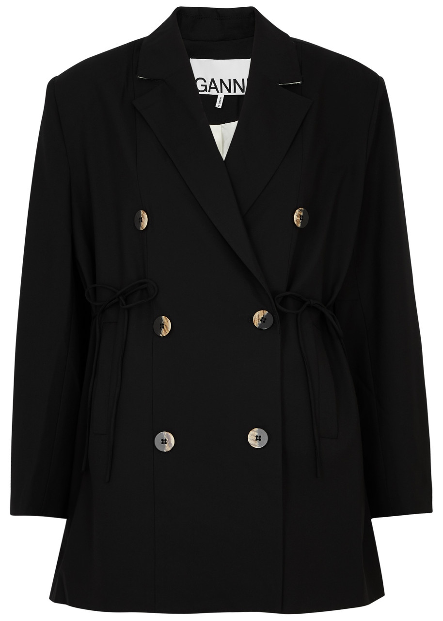 Ganni Oversized String-tie Double-breasted Blazer In Black