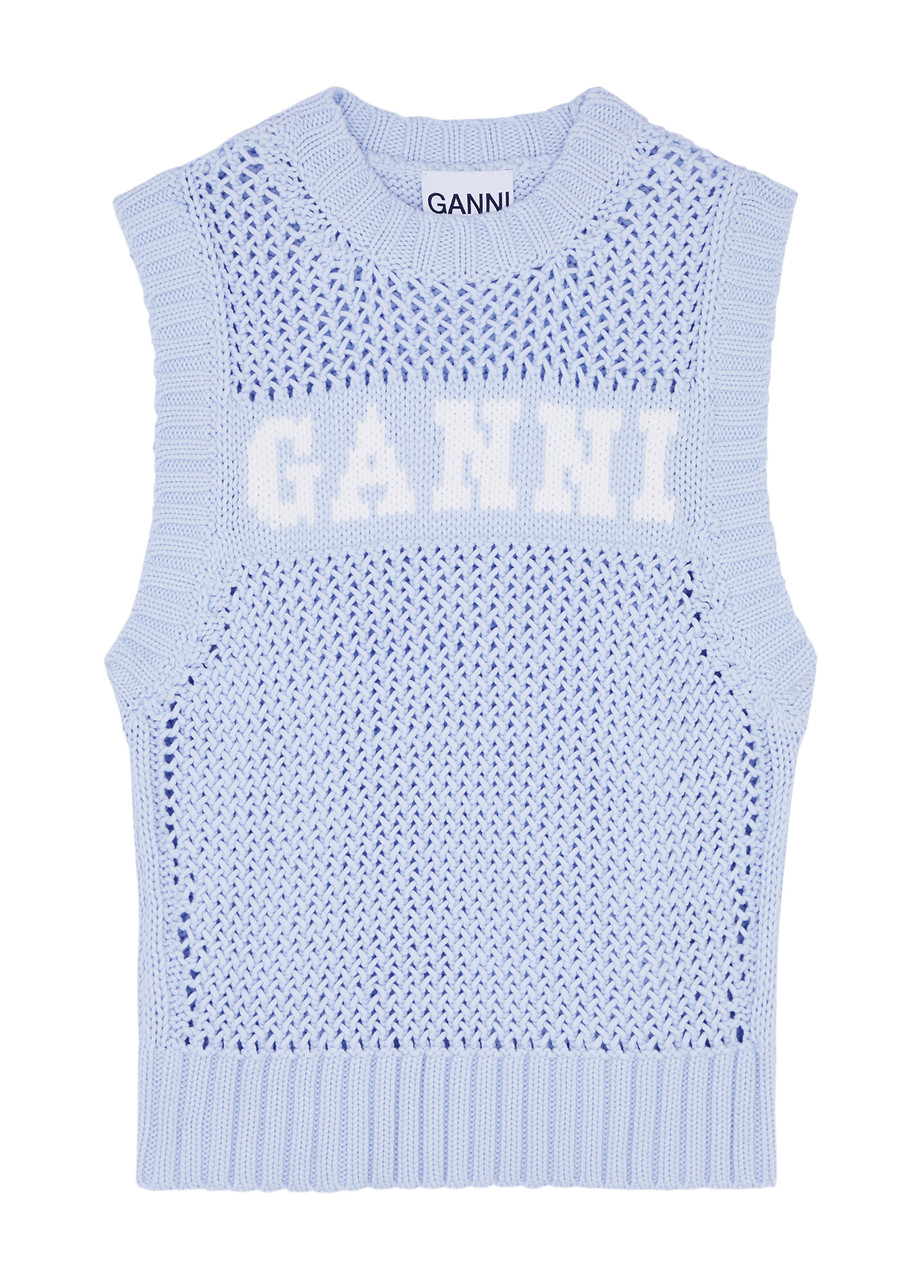 Ganni Intarsia-knit Logo-organic-cotton Vest In Light Blue