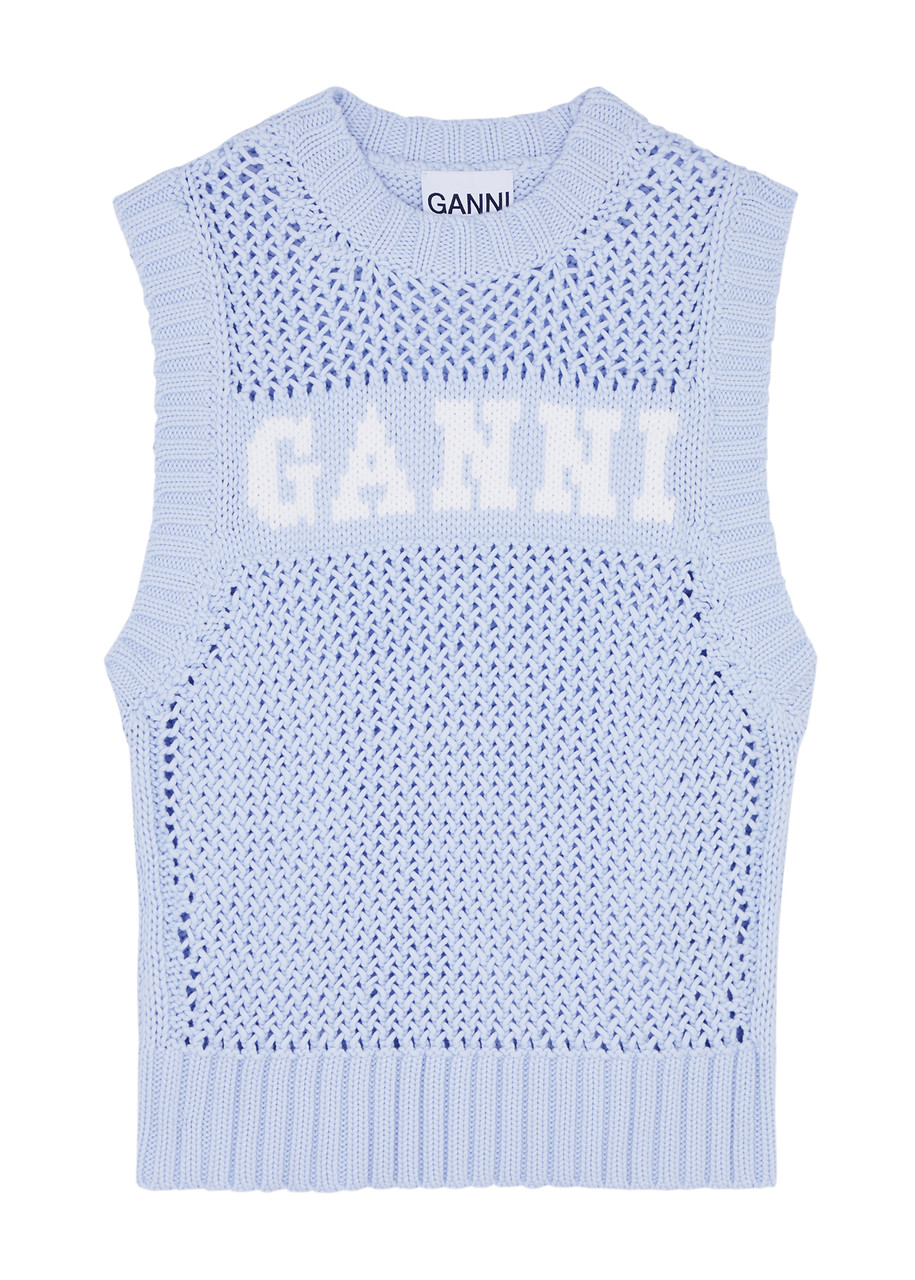 Shop Ganni Logo-intarsia Cotton-blend Vest In Light Blue