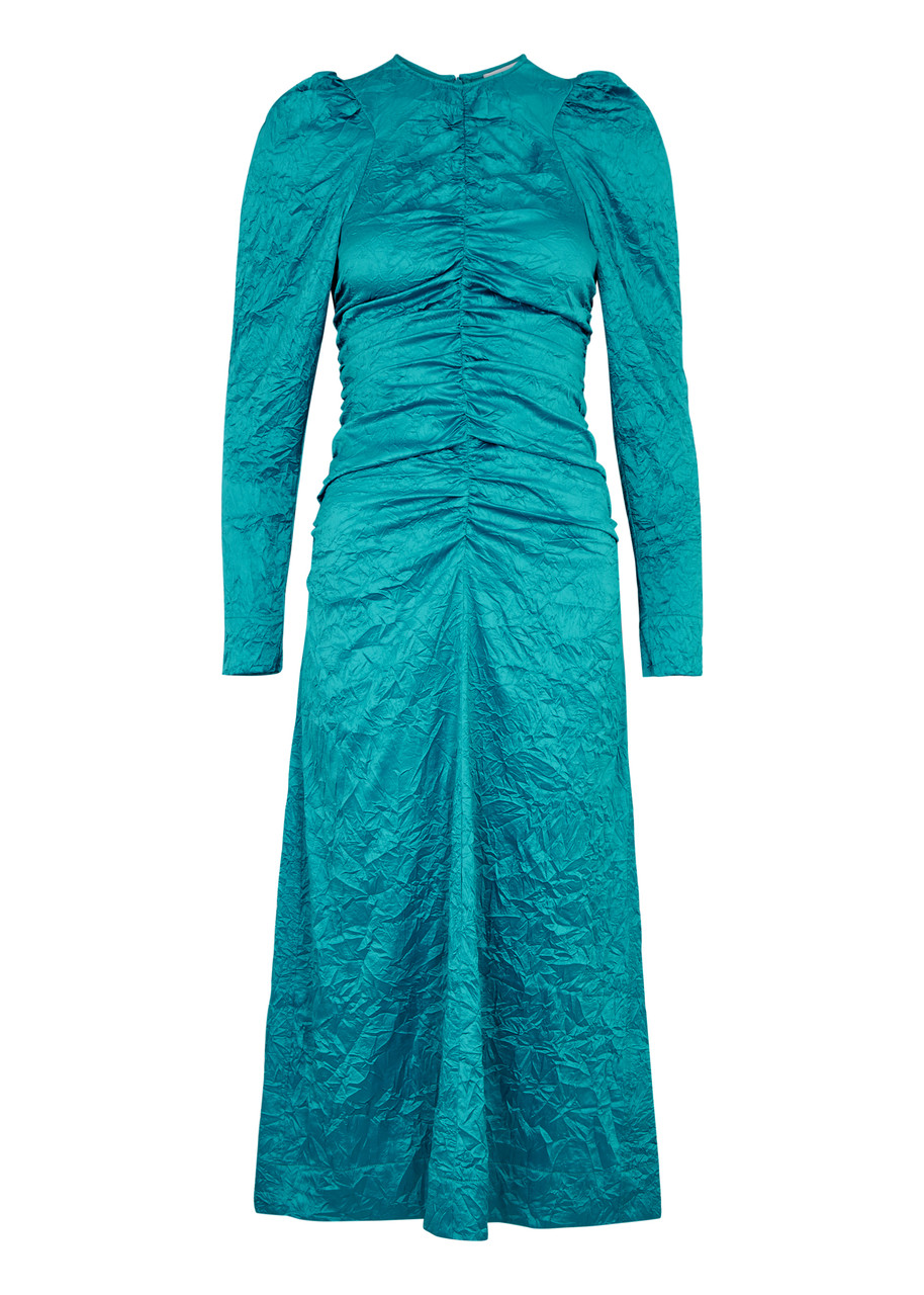 Ganni Crinkled Ruched Satin Midi Dress - Blue