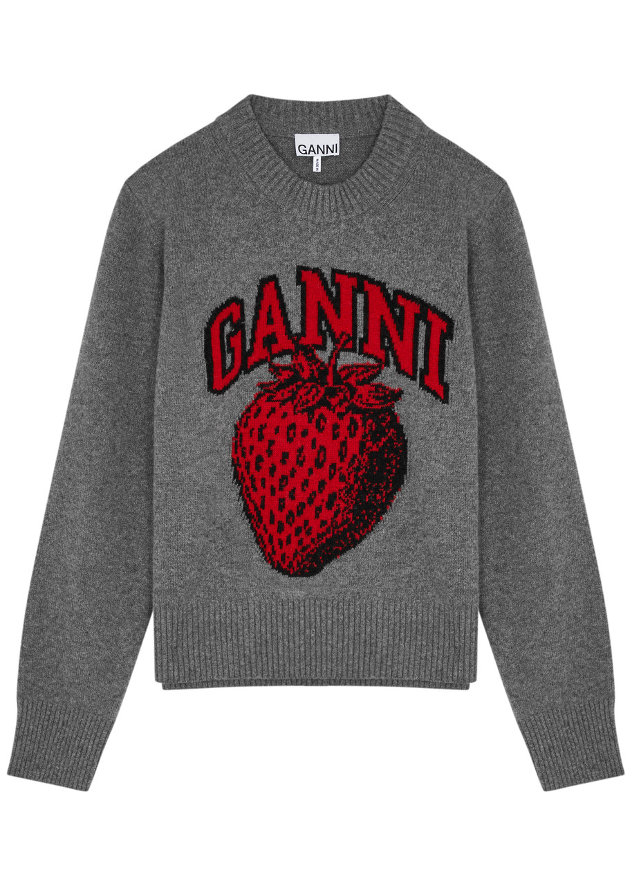 Ganni Strawberry Logo Wool Blend Sweater In Grey