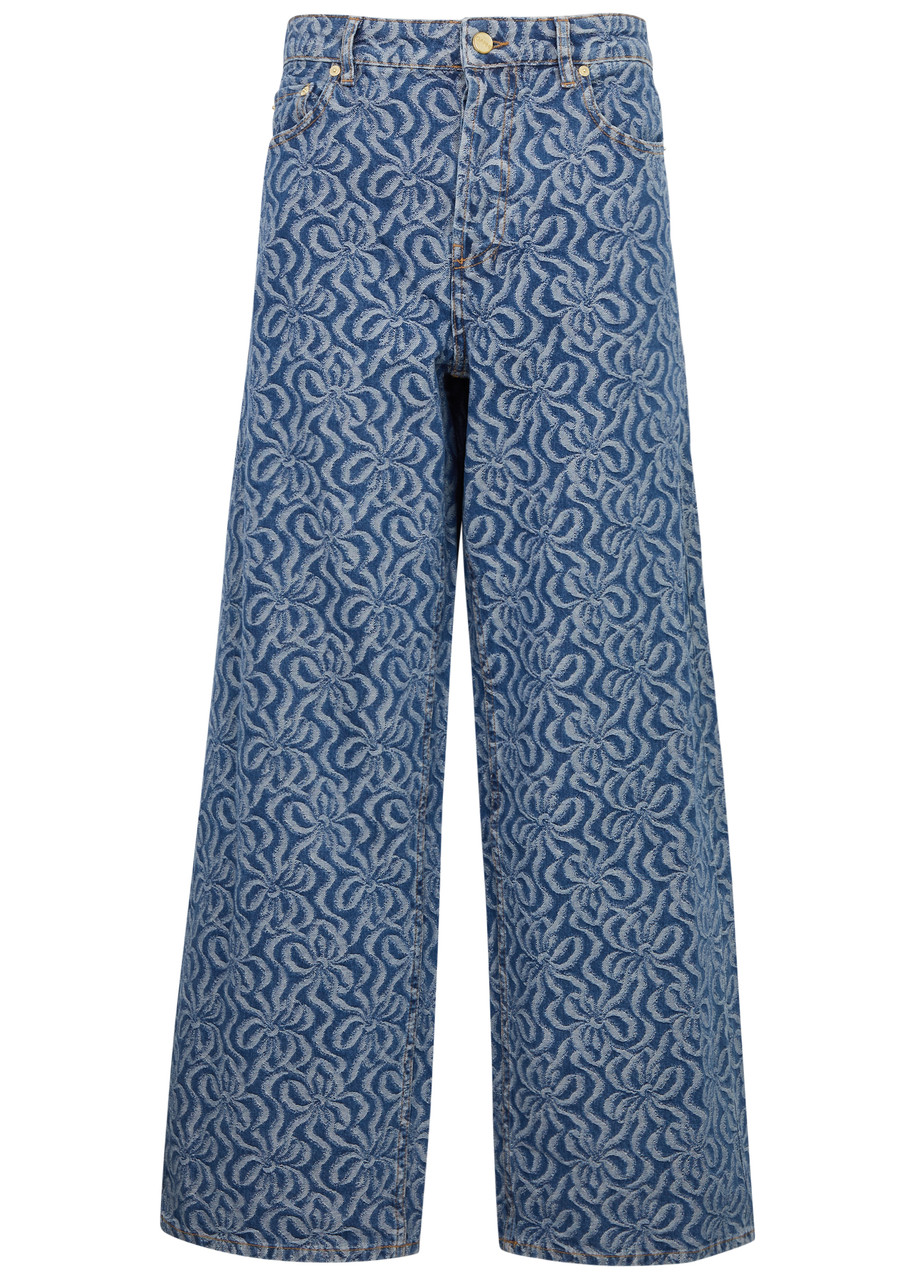 Shop Ganni Floral-jacquard Wide-leg Jeans In Denim