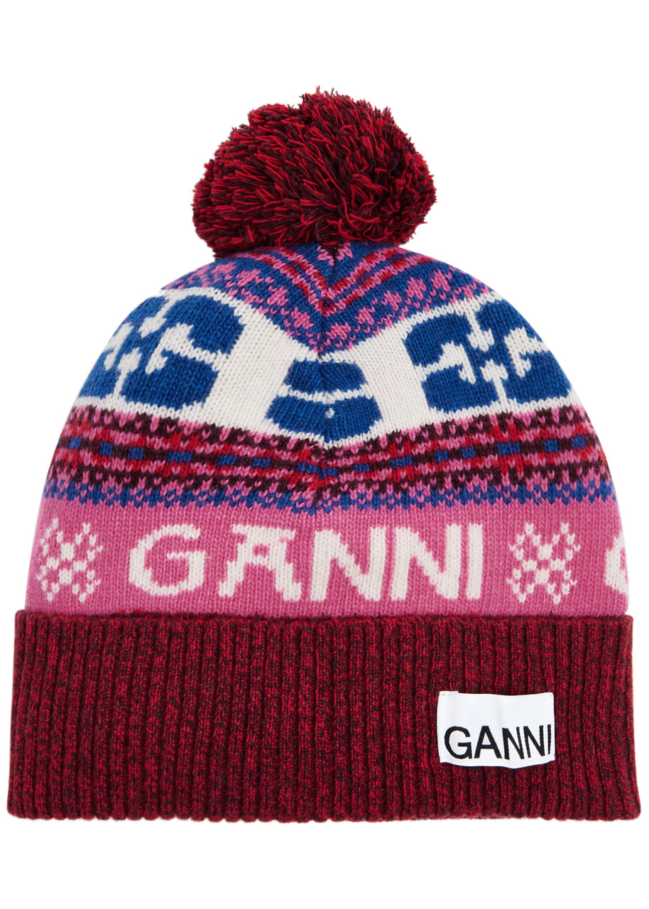 Shop Ganni Pompom Logo-intarsia Wool-blend Beanie In Multicoloured