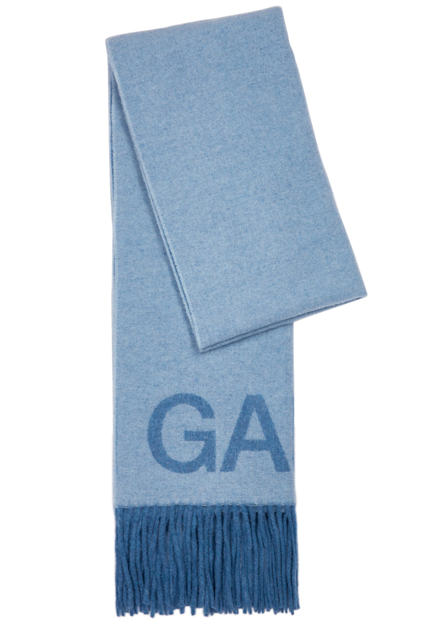 Ganni Logo Fringed Wool Scarf In Blue