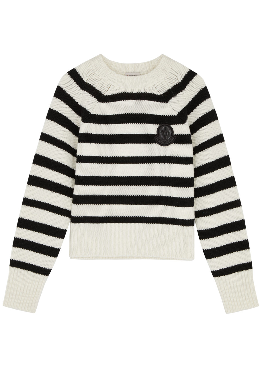 Shop Moncler Logo Stripe-intarsia Wool Jumper In White