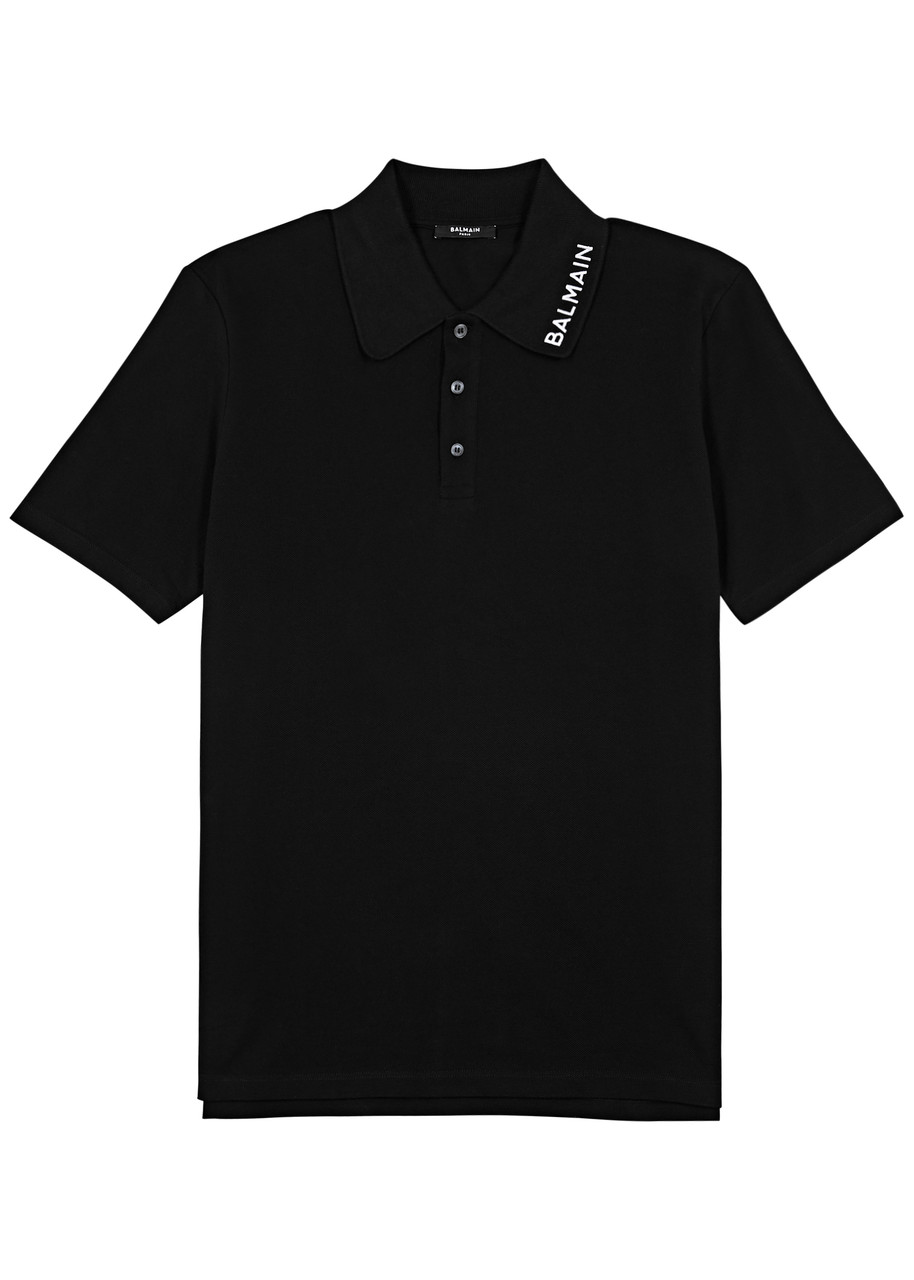 Shop Balmain Logo-embroidered Piqué Cotton Polo Shirt In Black