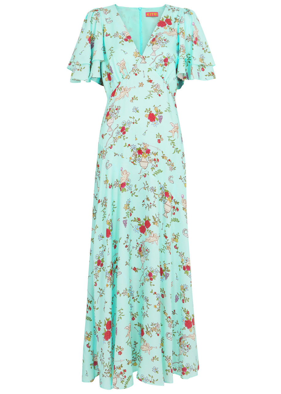 Kitri Tallulah Printed Satin Maxi Dress In Mint