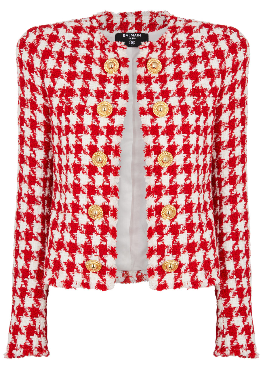 Shop Balmain Houndstooth Tweed Jacket In Red