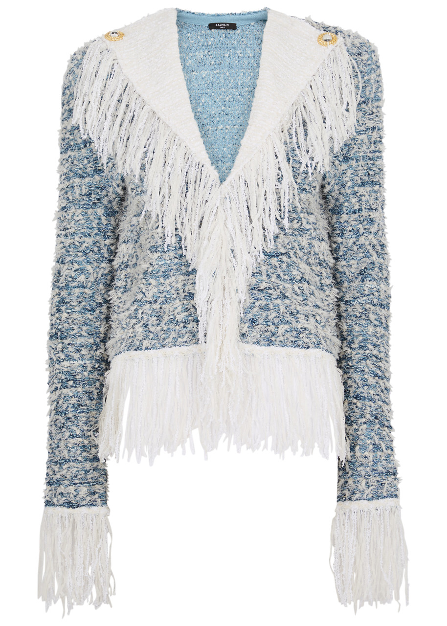 Shop Balmain Fringed Tweed Jacket In Blue