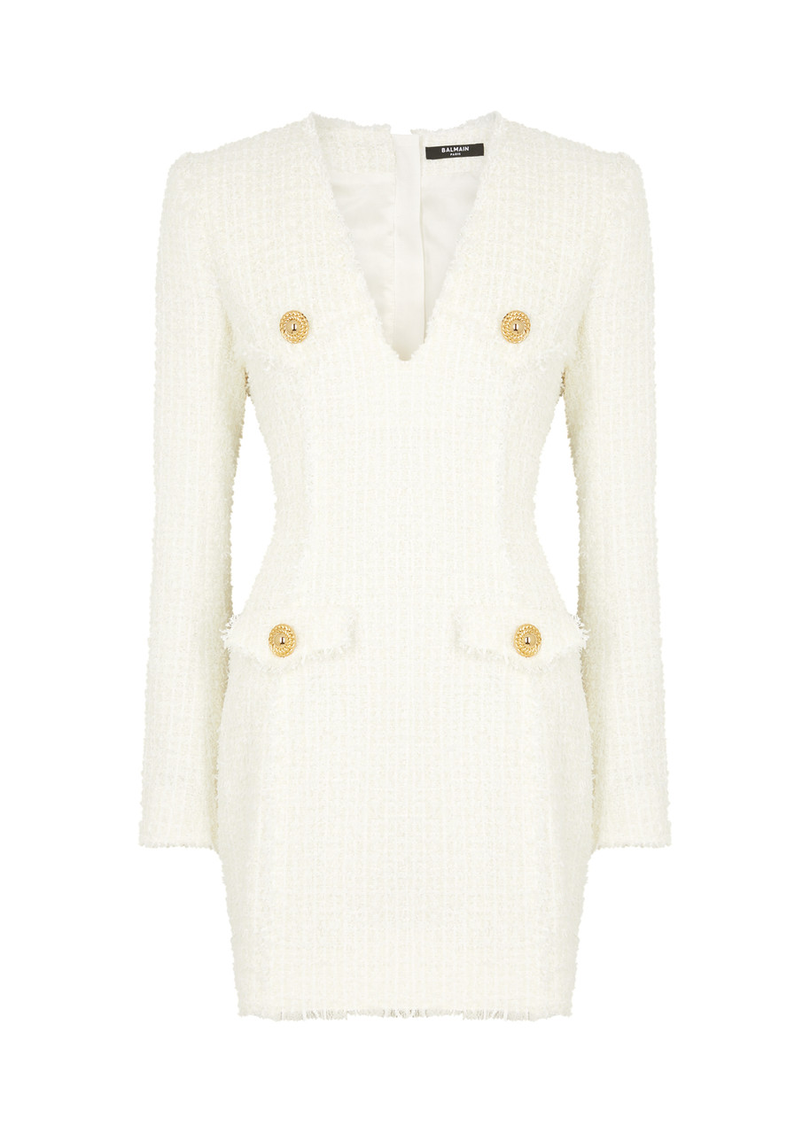 Shop Balmain Tweed Mini Dress In White