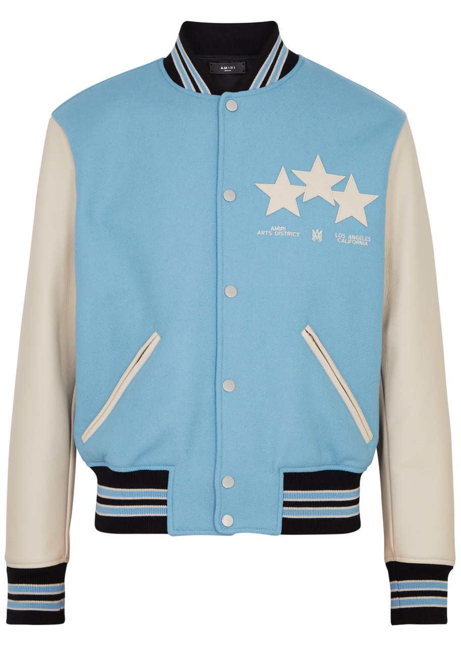 Shop Amiri Stars Panelled Wool-blend Varsity Jacket In Blue