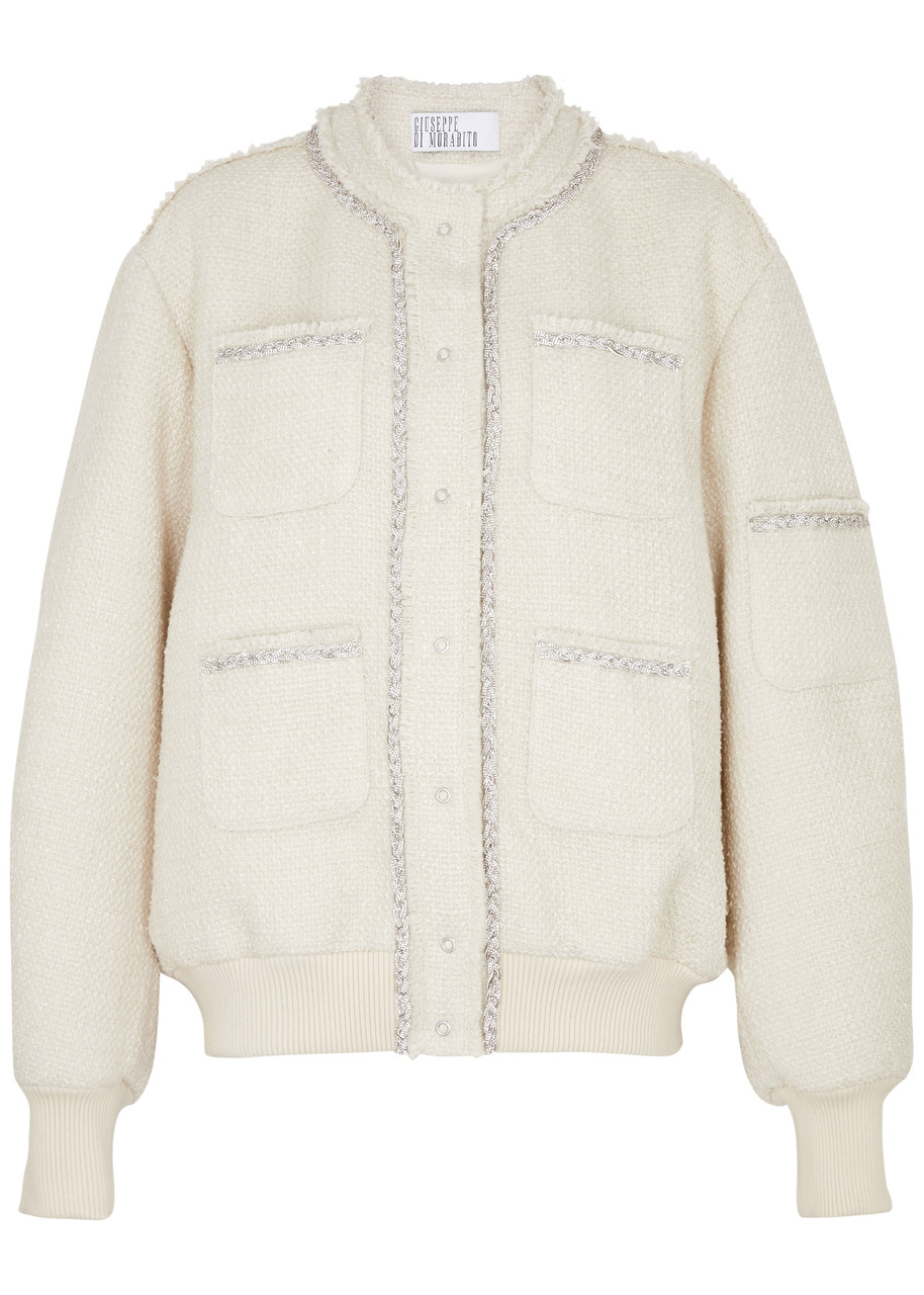 Giuseppe Di Morabito Crystal-embellished Tweed Bomber Jacket In White