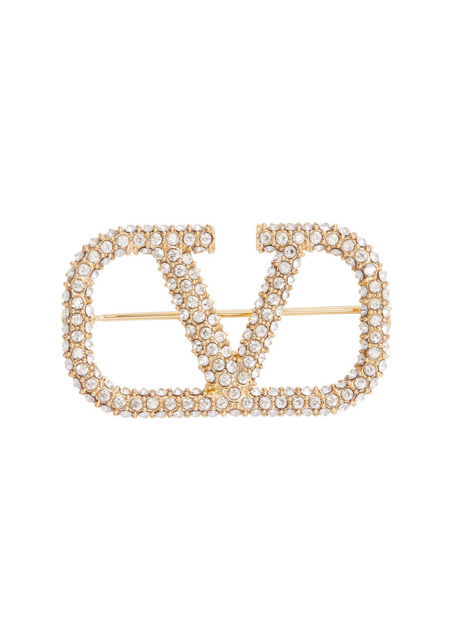 Valentino Garavani Vlogo Crystal-embellished Brooch In Gold