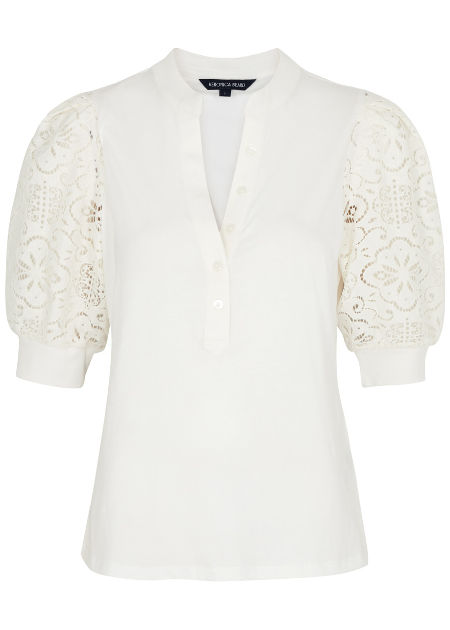 Shop Veronica Beard Coralee Lace And Cotton Top In Off White