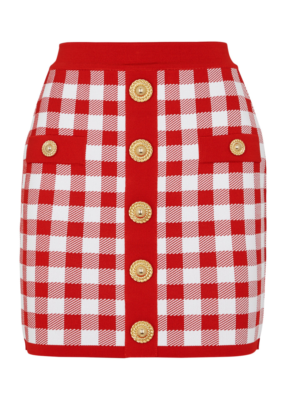 Shop Balmain Checked Knitted Mini Skirt In Red