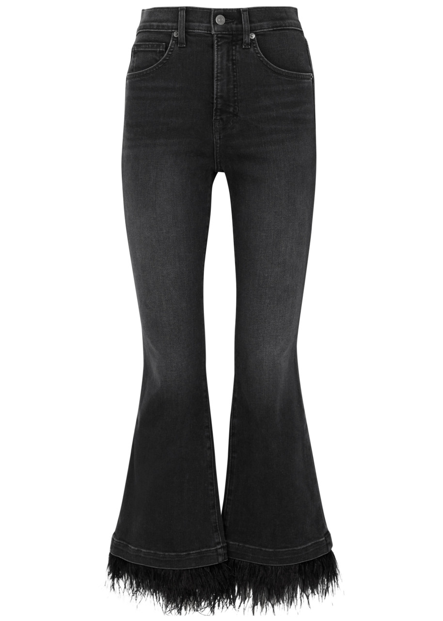 Shop Veronica Beard Carson Feather-trimmed Flared Jeans In Nearly Black