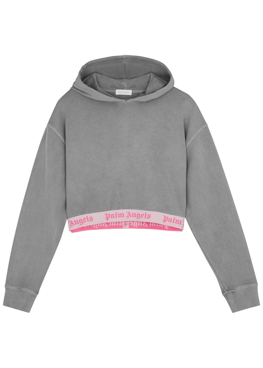 Palm Angels Kids Cropped Hooded Cotton Sweatshirt In Grey