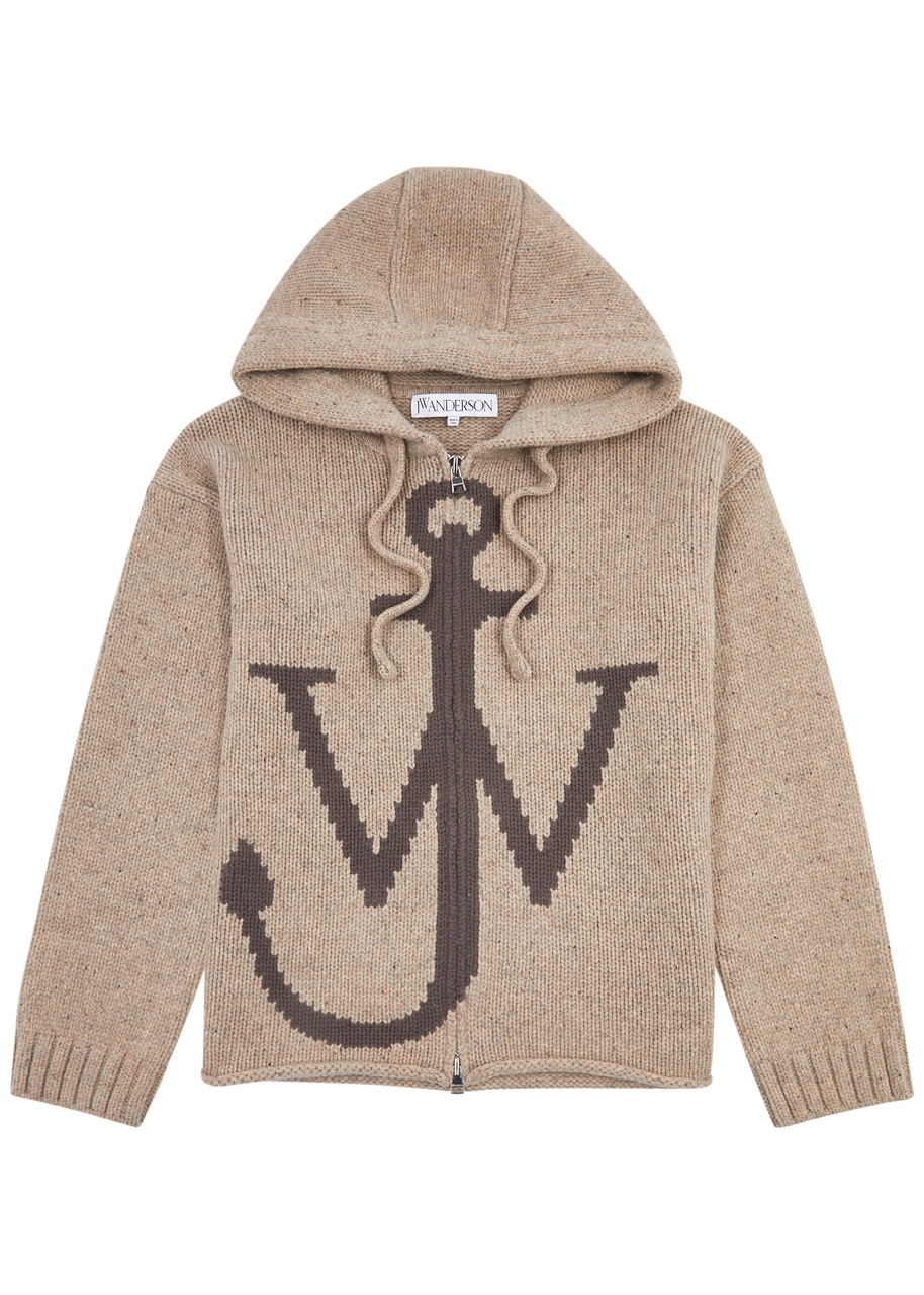 Jw Anderson Logo-intarsia Hooded Wool Sweatshirt In Beige