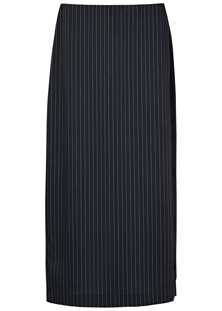 Vince Pinstriped Satin Midi Skirt In Navy