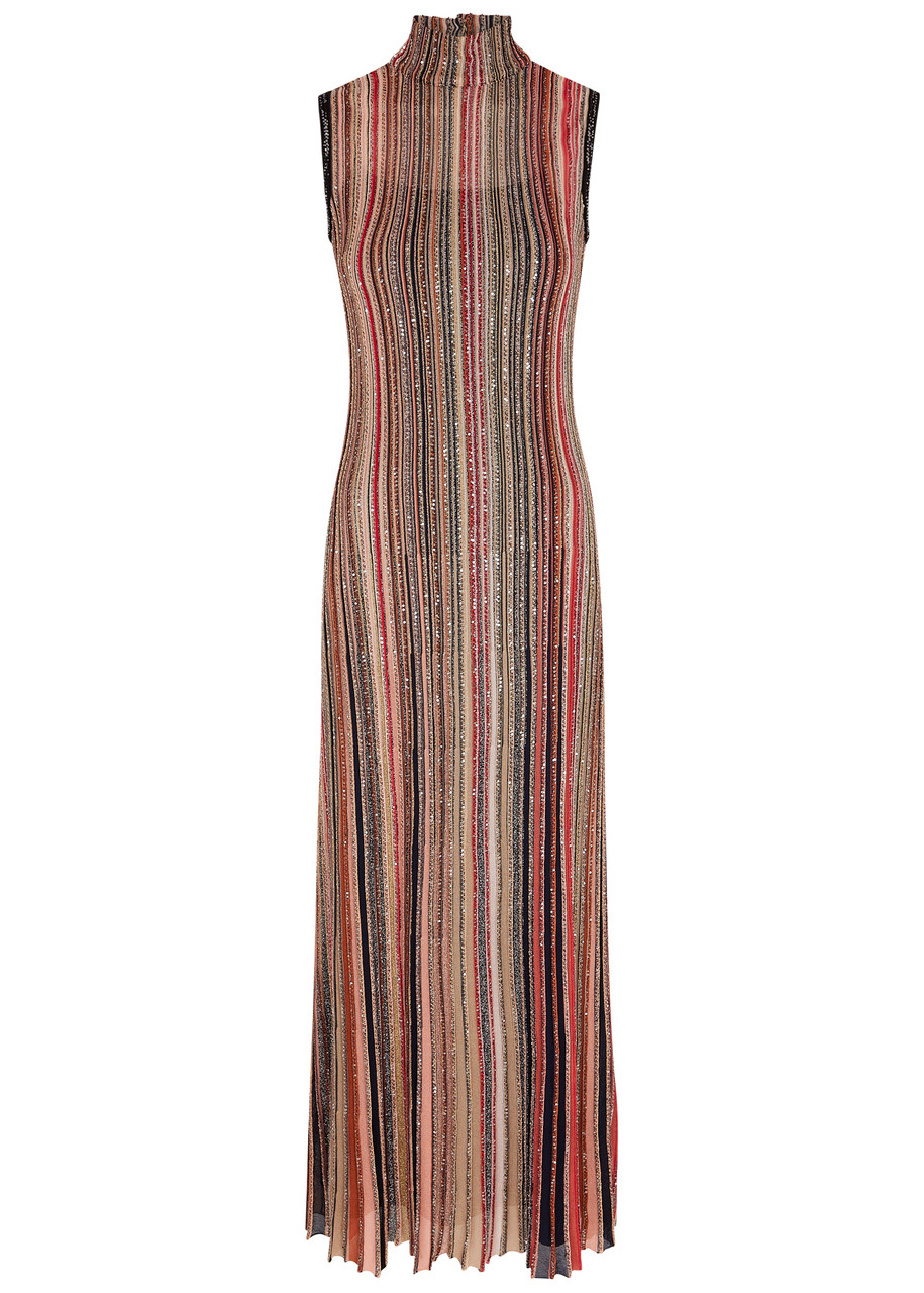 Shop Missoni Striped Embellished Ribbed-knit Maxi Dress In Multicoloured