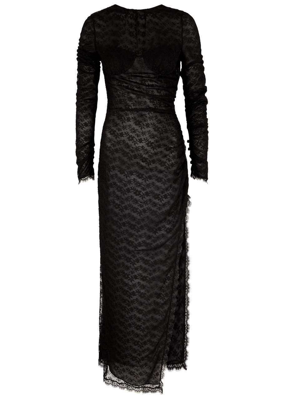 Alessandra Rich Open-back Ruched Lace Maxi Dress In Black