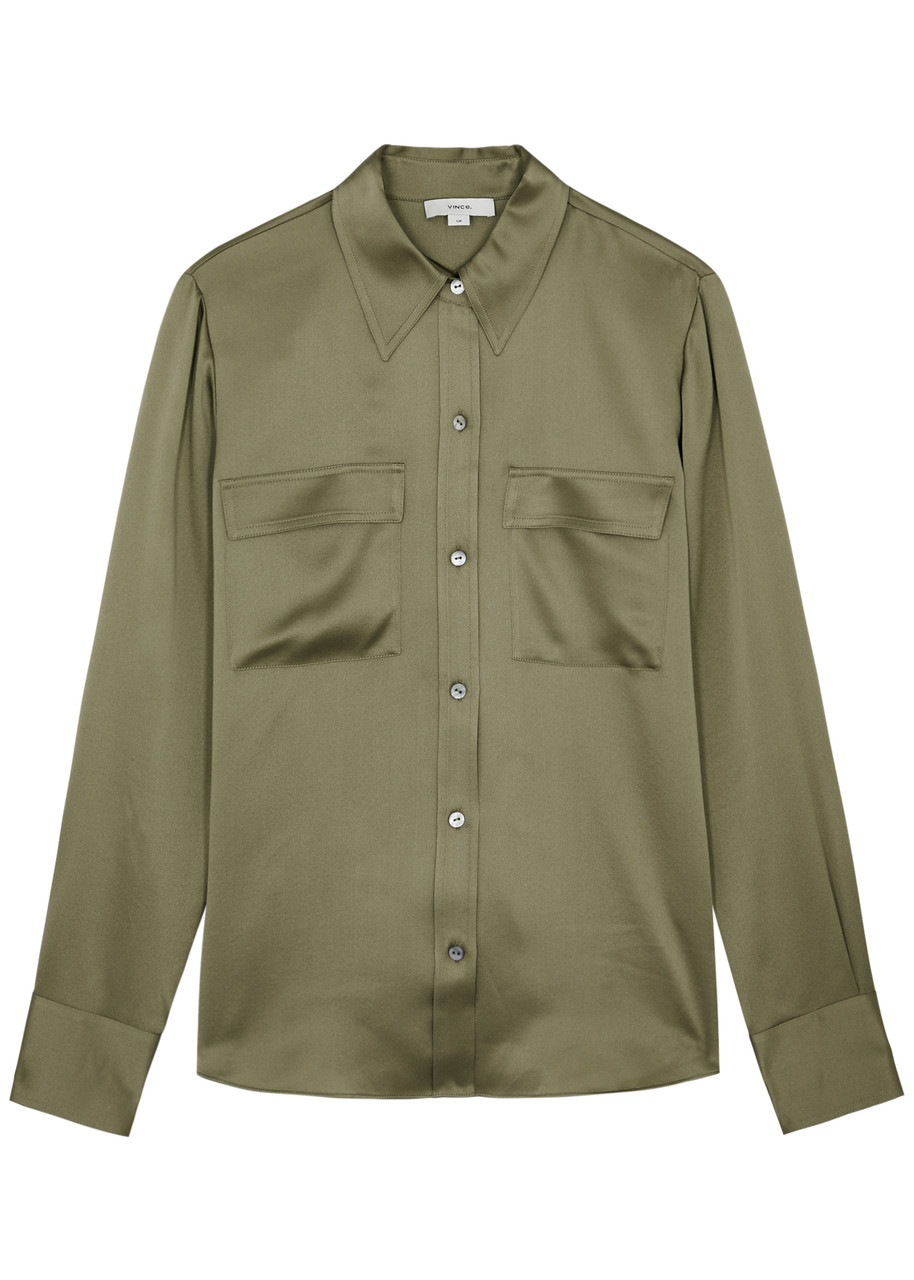 Vince Silk-satin Shirt In Olive