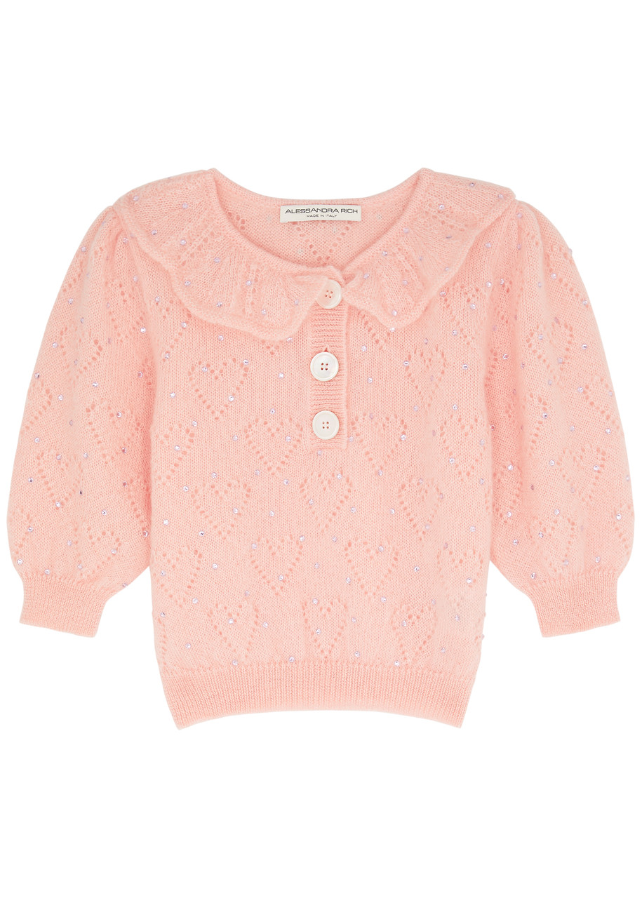 Alessandra Rich Embellished Mohair-blend Crop Top In Light Pink
