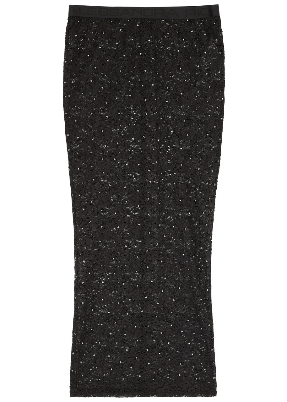 Shop Alessandra Rich Crystal-embellished Lace Midi Skirt In Black