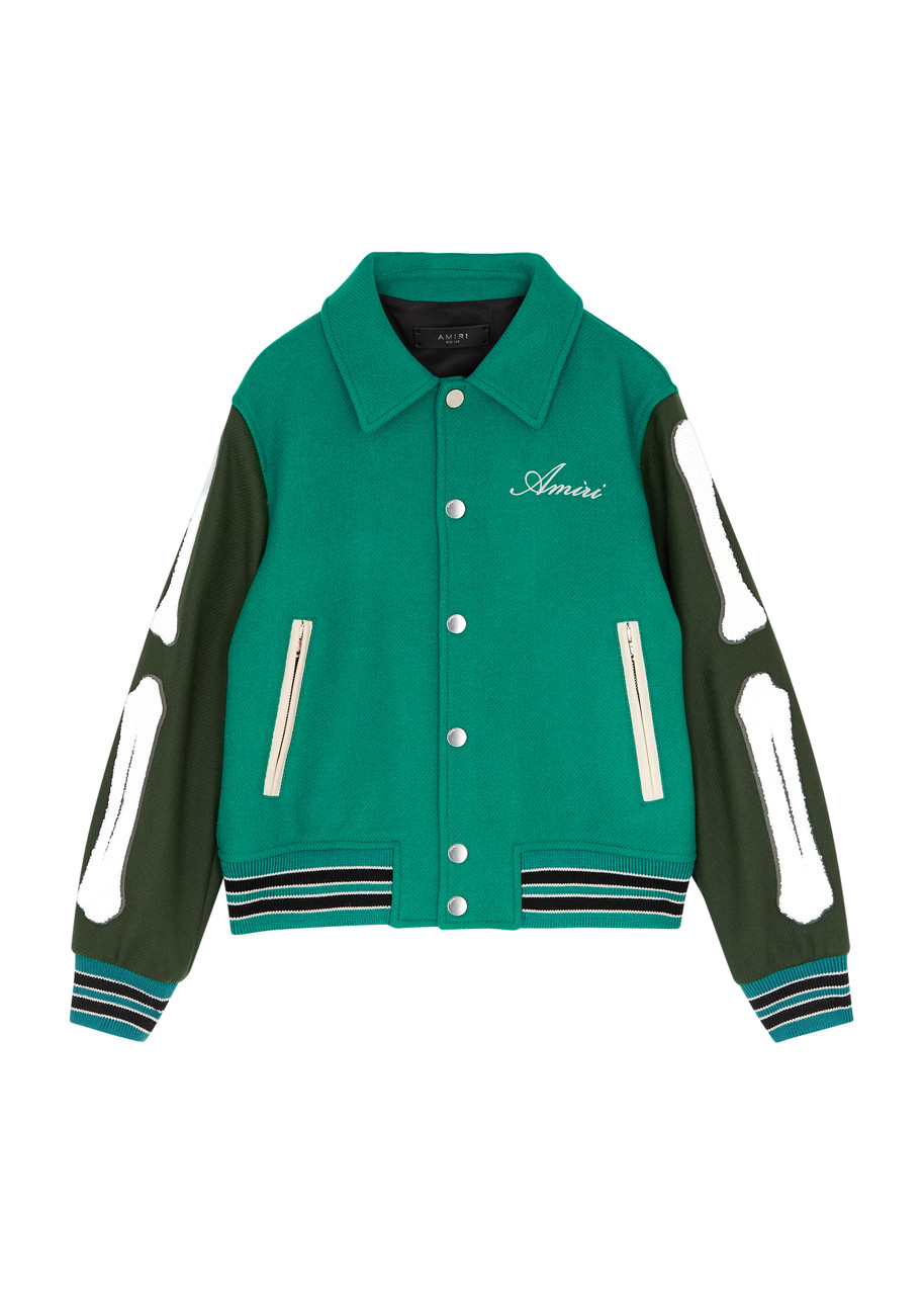 Amiri Kids Bones Panelled Wool-blend Varsity Jacket In Green