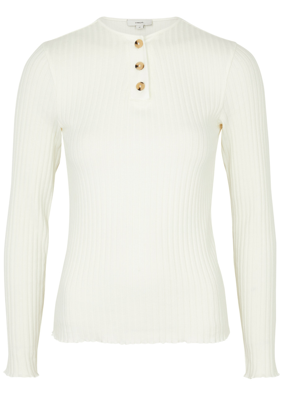 Vince Henley Ribbed Stretch-cotton top - Off White - M (UK12 / M)