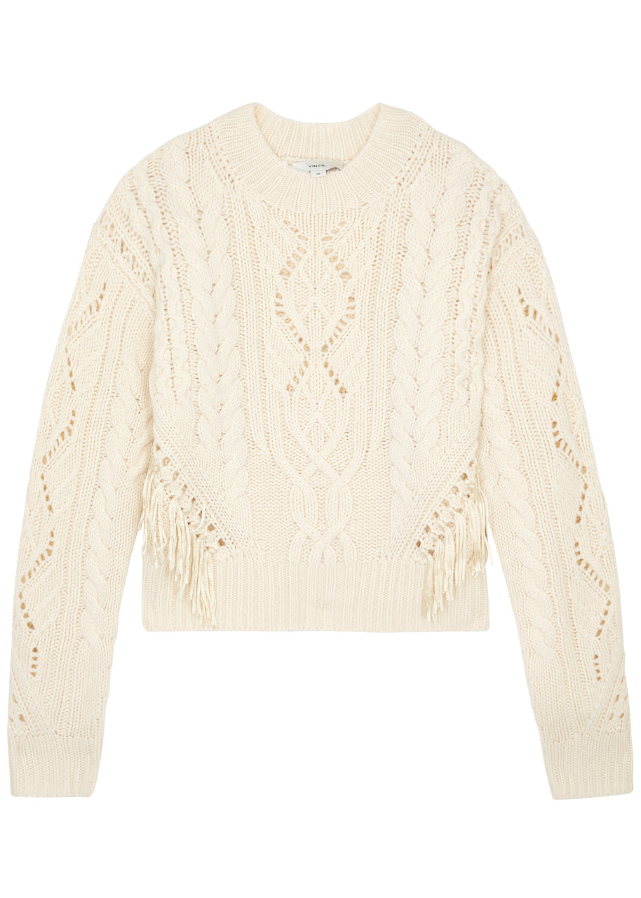 Shop Vince Fringed Cable-knit Wool-blend Jumper In Cream