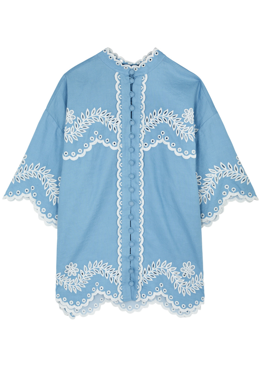 Shop Zimmermann Junie Floral-embroidered Linen Shirt In Blue