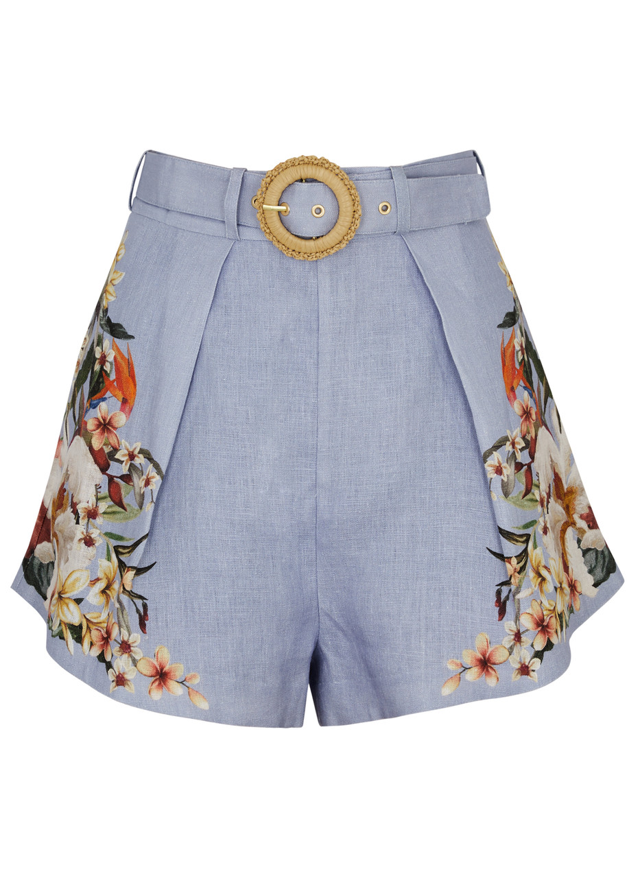 Shop Off-white Lexi Floral-print Linen Shorts In Blue