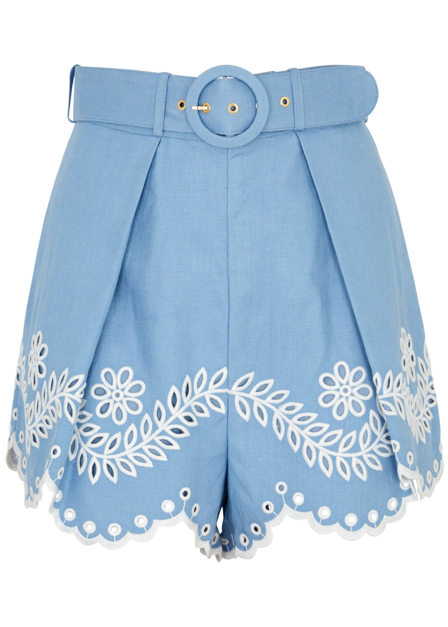 Shop Zimmermann Junie Floral-embroidered Linen Shorts In Blue