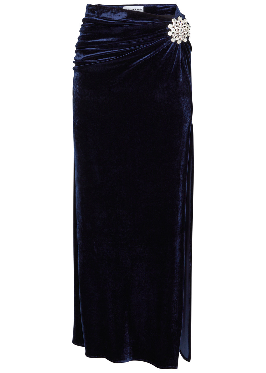 Rabanne Crystal-embellished Velvet Maxi Skirt In Navy