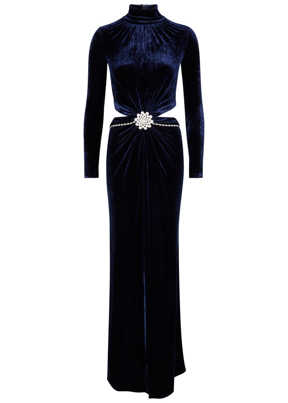 Shop Rabanne Crystal-embellished Velvet Gown In Navy