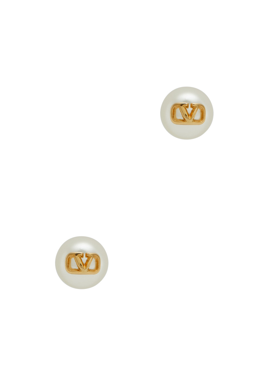 Valentino Garavani Golden Pearl Earrings With Signature Vlogo In White