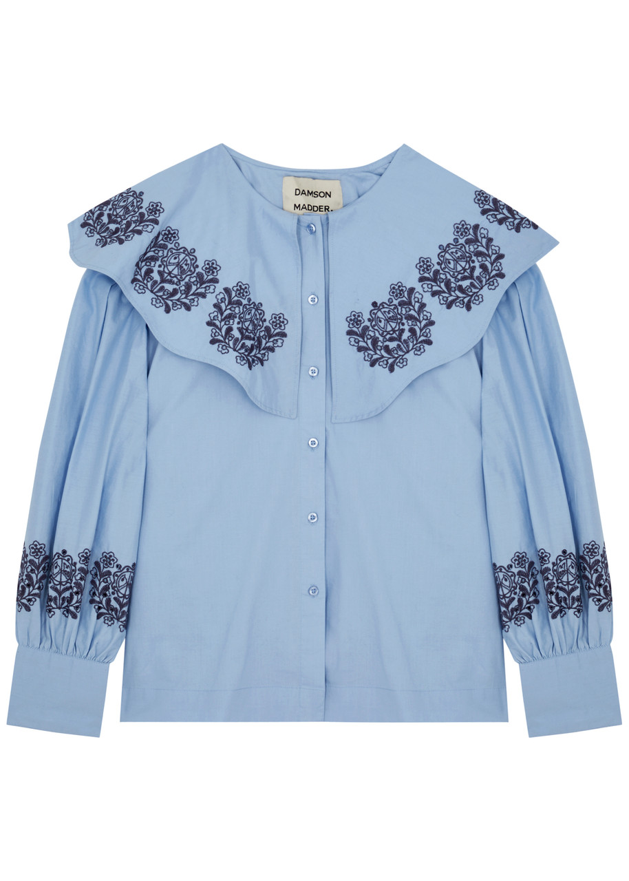 Damson Madder Romeo Embroidered Cotton Blouse - Light Blue