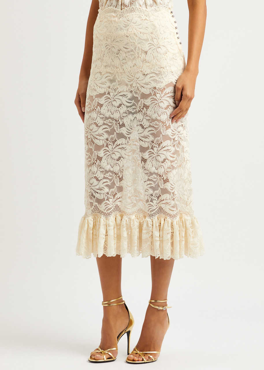 Shop Rabanne Floral Lace Midi Skirt In Ivory