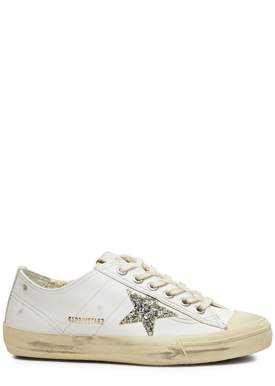 Golden Goose V-star 2 Distressed Leather Sneakers In White