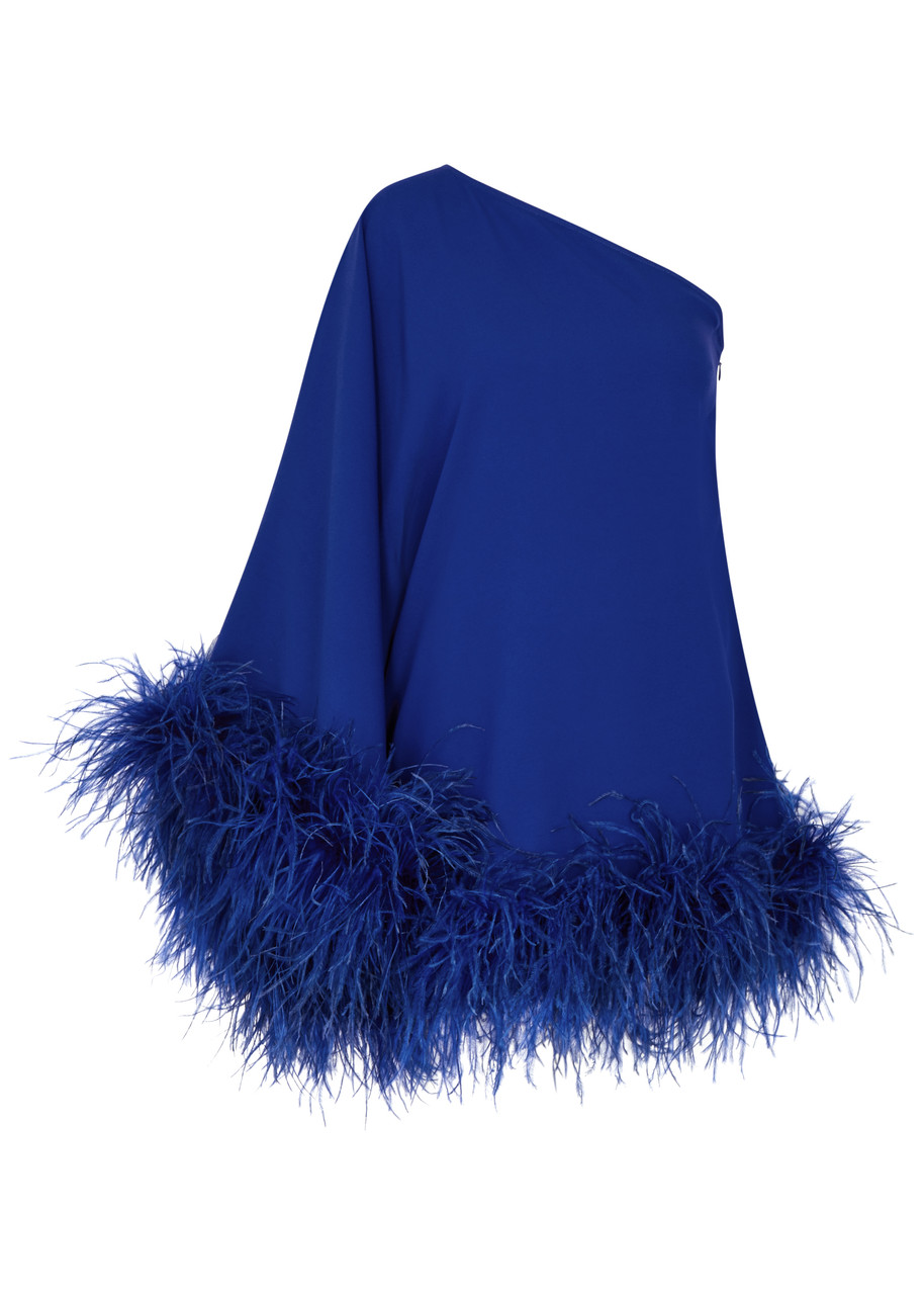 Shop Taller Marmo Piccolo Ubud One-shoulder Feather-trimmed Mini Dress In Blue