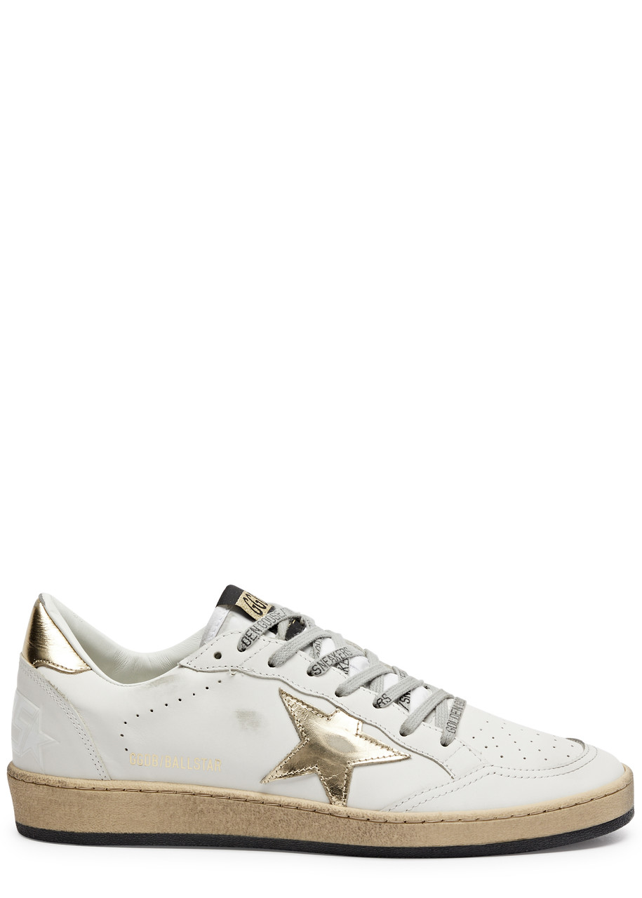 Golden Goose Ball Star Distressed Leather Sneakers In Gold