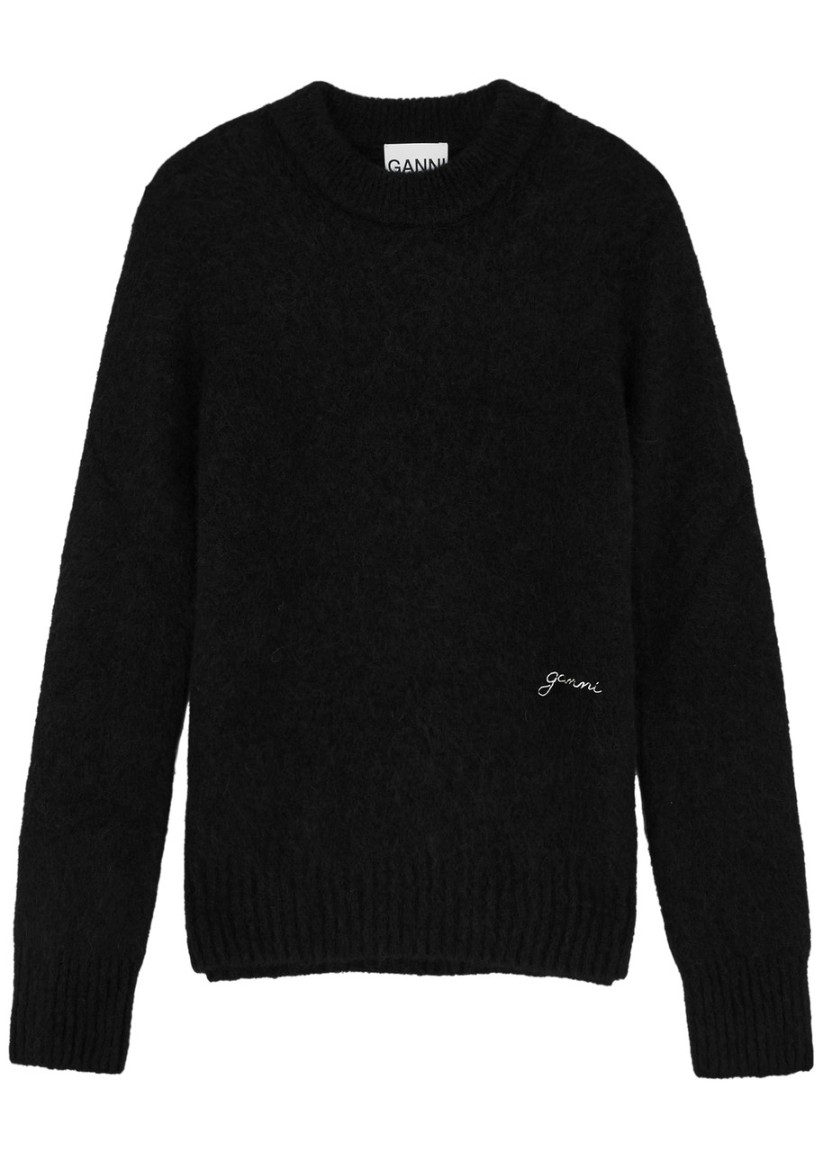 Shop Ganni Logo-embroidered Alpaca-blend Jumper In Black